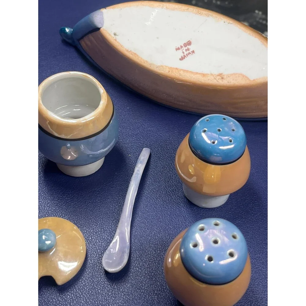 Vintage 1940s Japanese lusterware condiment boat set